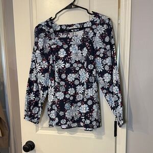 Floral Print Women's Blouse - Navy and White